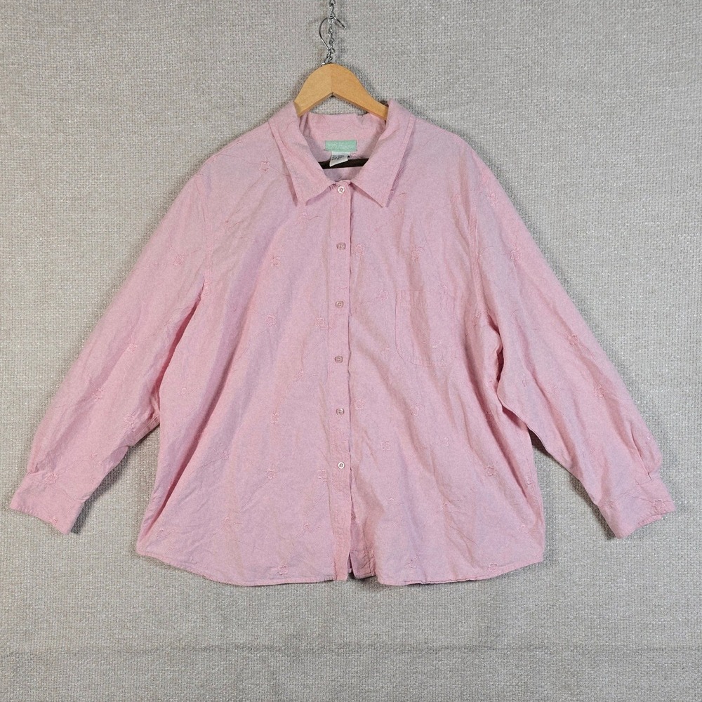 220 Hickory Womens 3XL Pink Embroidered Cotton Button Front Blouse Long Sleeve
